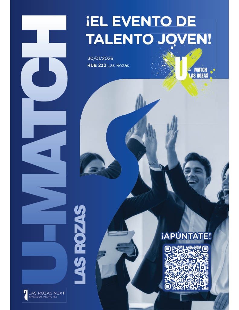 Cartel oficial del evento U-Match 2026 en el HUB232 de Las Rozas para empleo joven y prácticas.